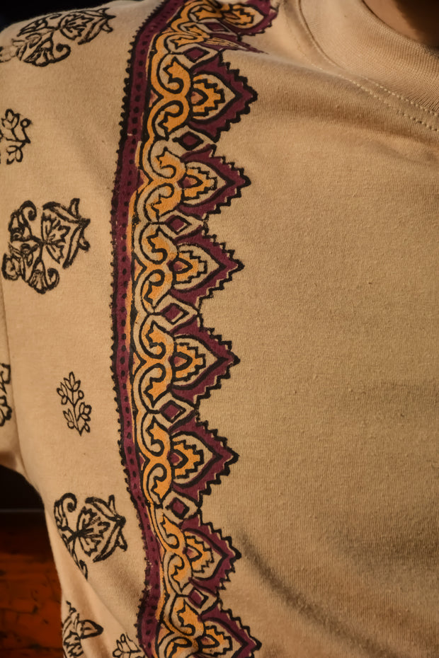 "Shaan-e-Rang"شانِ رنگ – Beige Block Print T-Shirt (250 GSM)