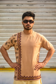 "Shaan-e-Rang"شانِ رنگ – Beige Block Print T-Shirt (250 GSM)